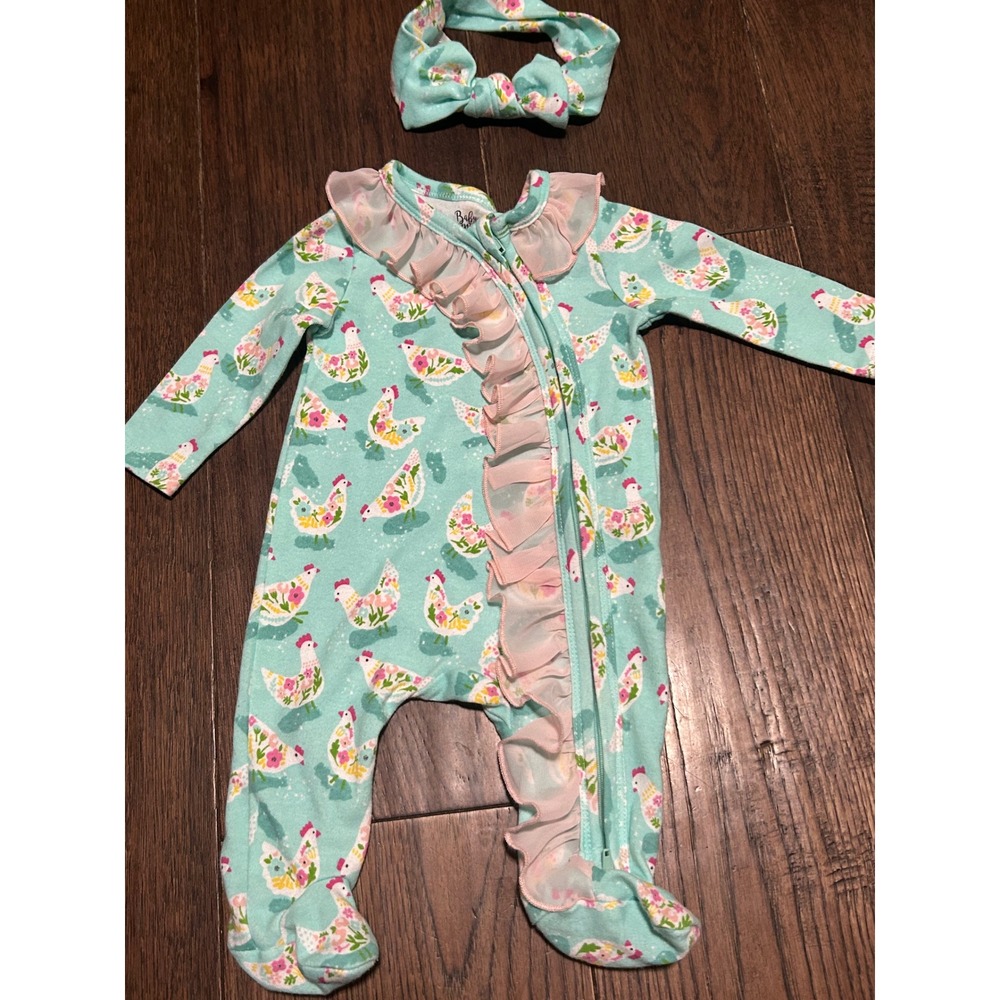 Baby Essentials Girls Mint Green Chicken Floral Ruffle Zipper Footed Sleeper 3M